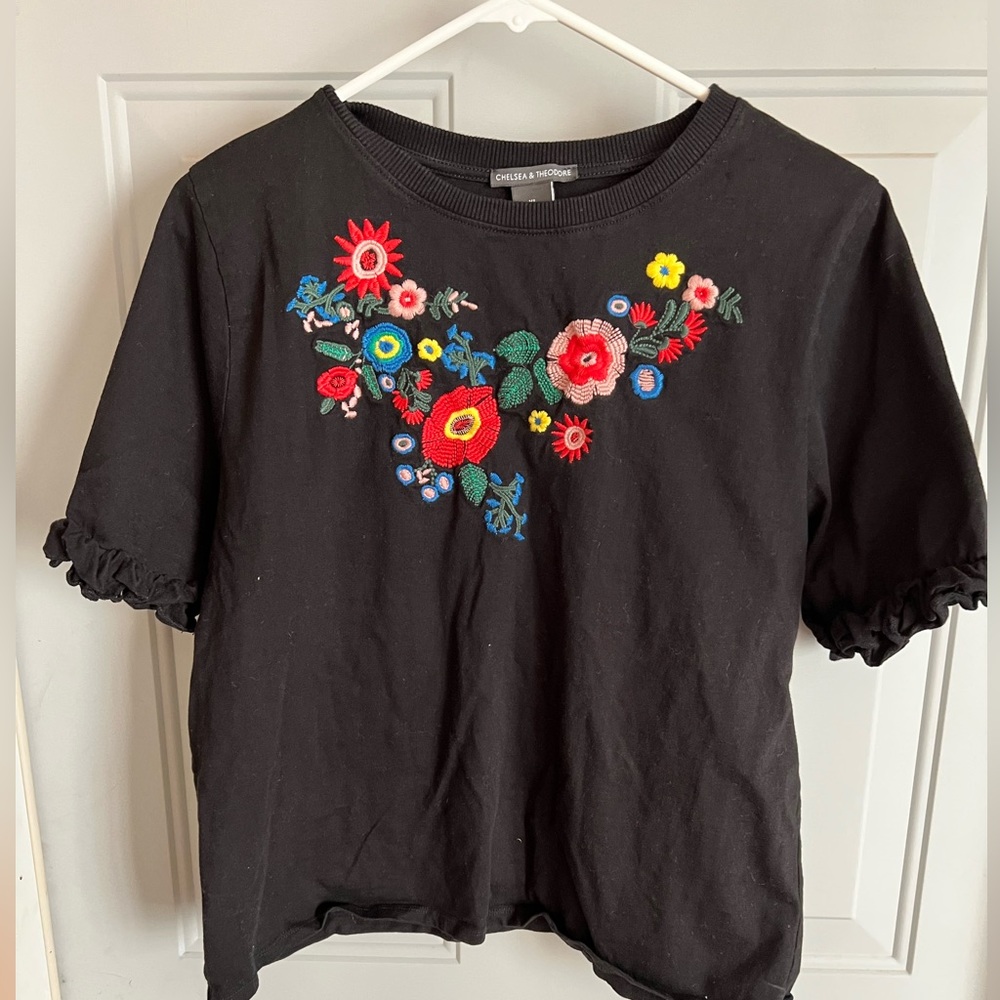 Chelsea & Theodore black floral embroidered top